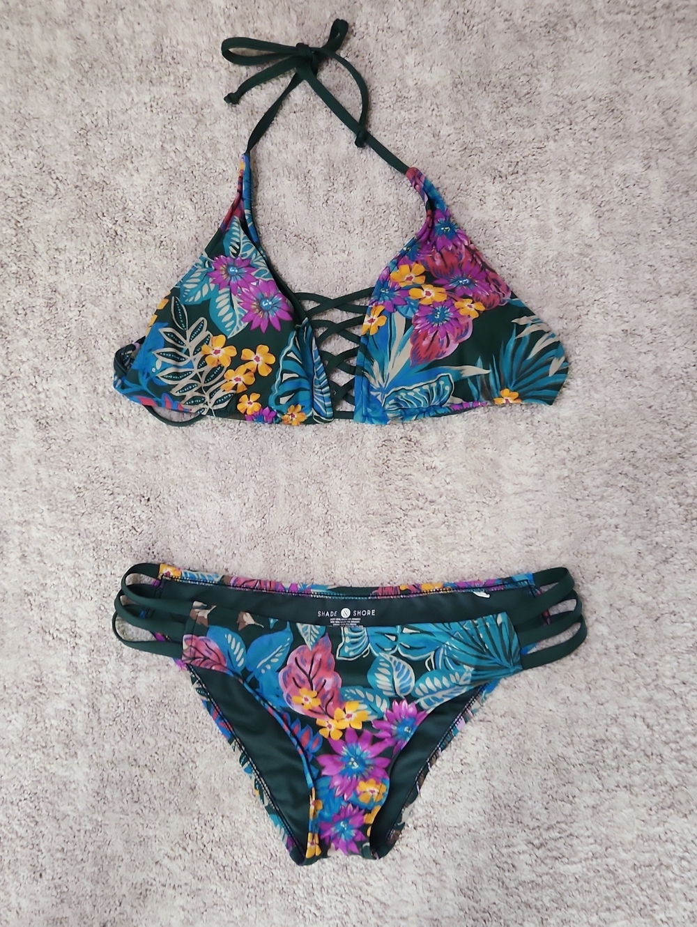 Shade & Shore Dark Green Floral Lace-Up Triangle Bikini